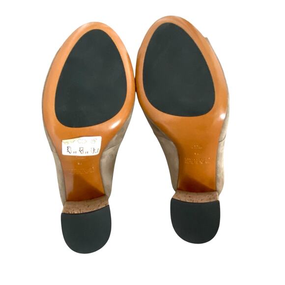 Bally Chiton Suede Cork Heeled Mules Fit Sz 6.5 Taupe Open Toe New w/ Small Flaw - Picture 10 of 12